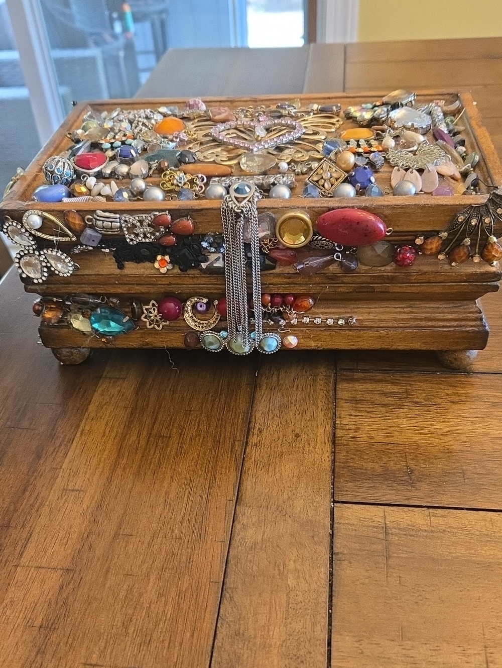 Vintage Embellished Wooden Jewelry Box with Multicolor Jewels